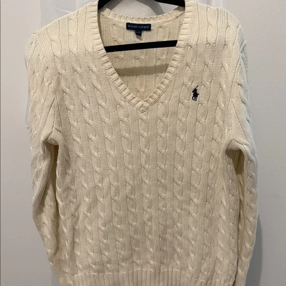Ralph Lauren V-Neck woman’s Cable Knit Sweater in Cream size XL - Picture 1 of 4